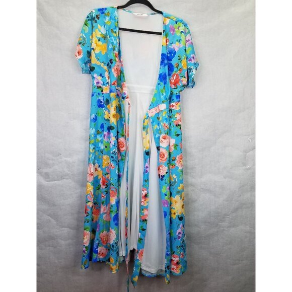 Eshakti Wrap Dress Midi S Dolman Sleeve Blue Floral Print Crepe Lined Tie Waist - Picture 8 of 16